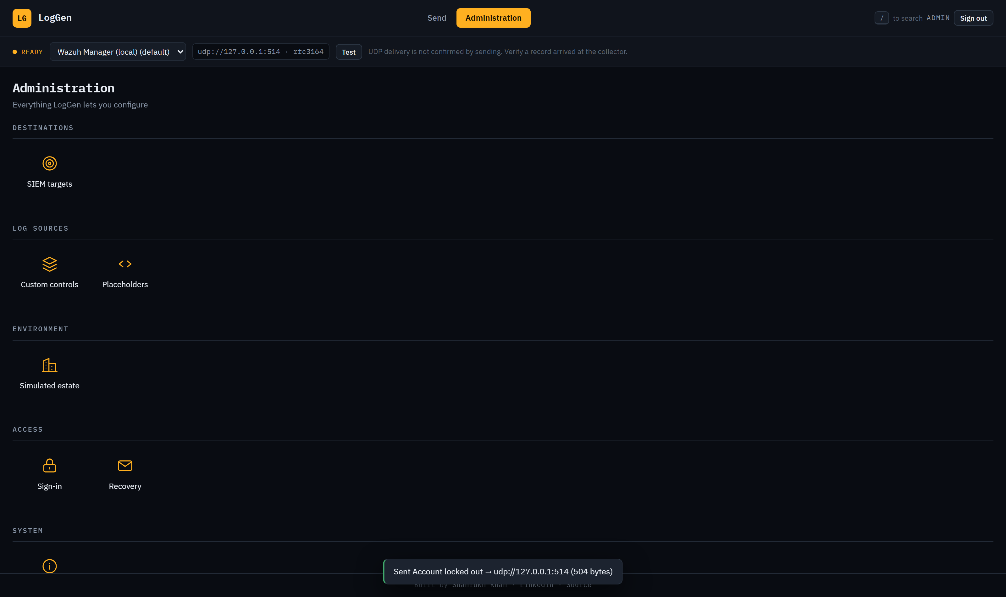 The LogGen administration screen
