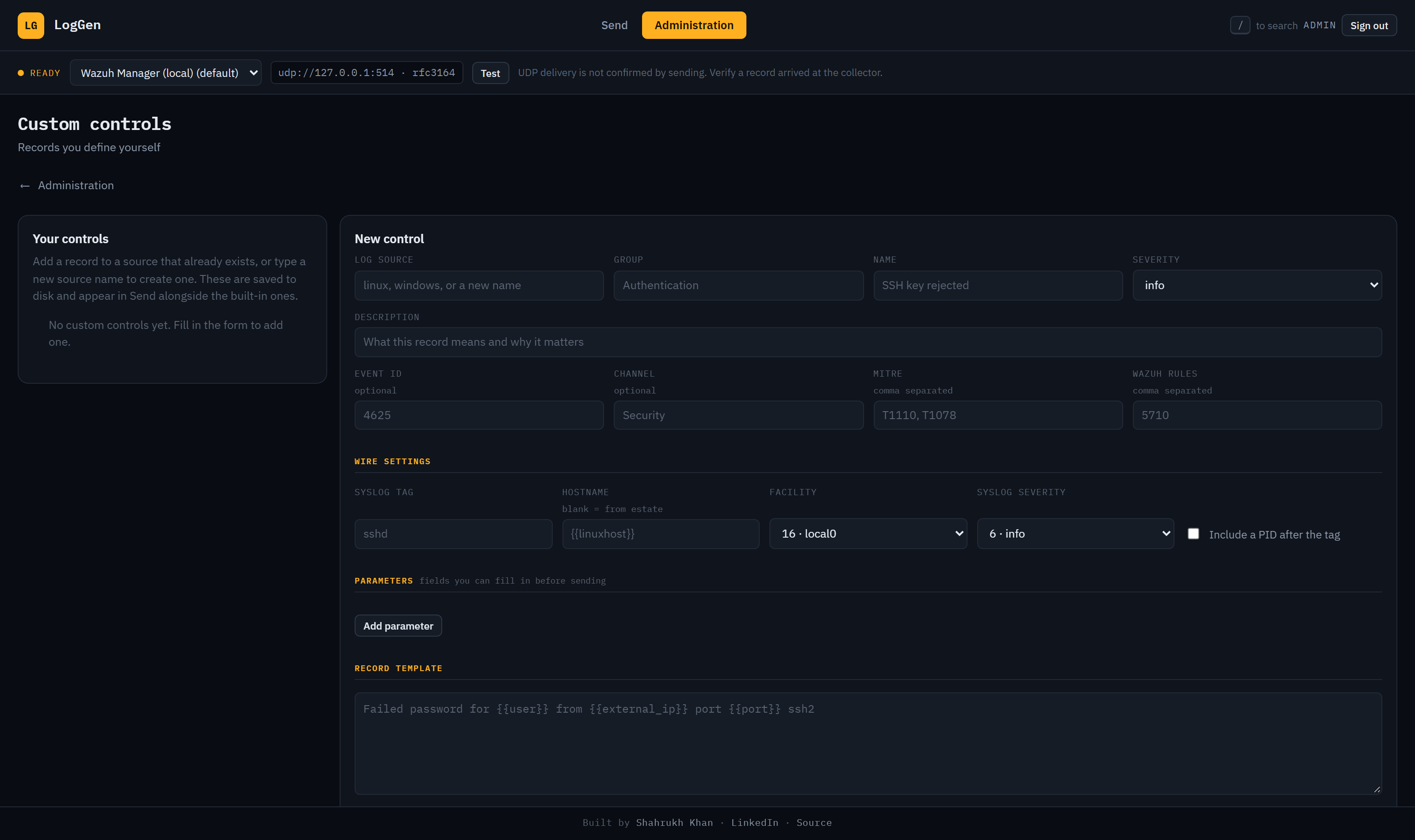 Defining a custom control in LogGen